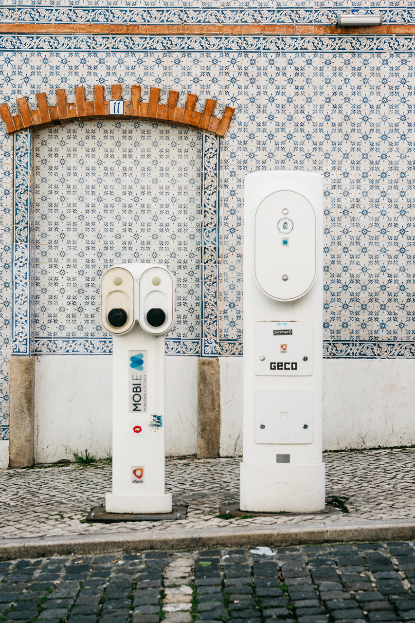 Portugal, Lisbon, 01 July 2018: Special place for refueling electric vehicles. Eco-friendly fuel.